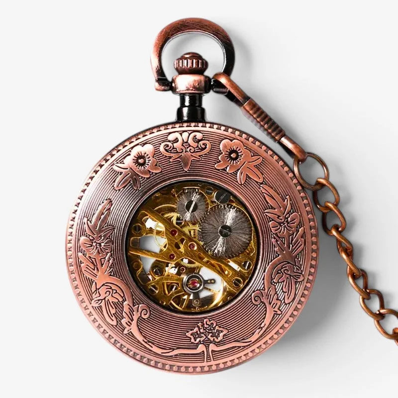 Rose gold steampunk pocket watch with intricate floral engravings and visible golden copper gear mechanism