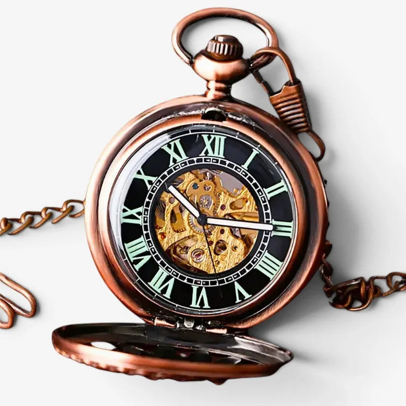 Rose gold sun pocket watch antique style copper with black face light green roman numerals and exposed golden movement