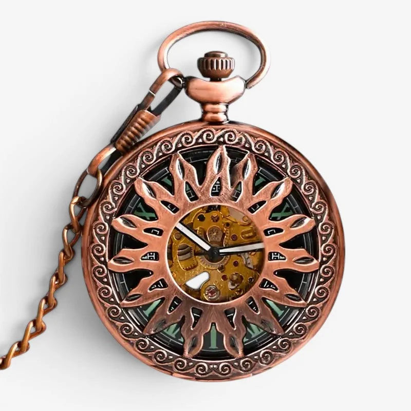 Rose gold sun pocket watch with copper-colored intricate sunburst design and visible mechanical gears