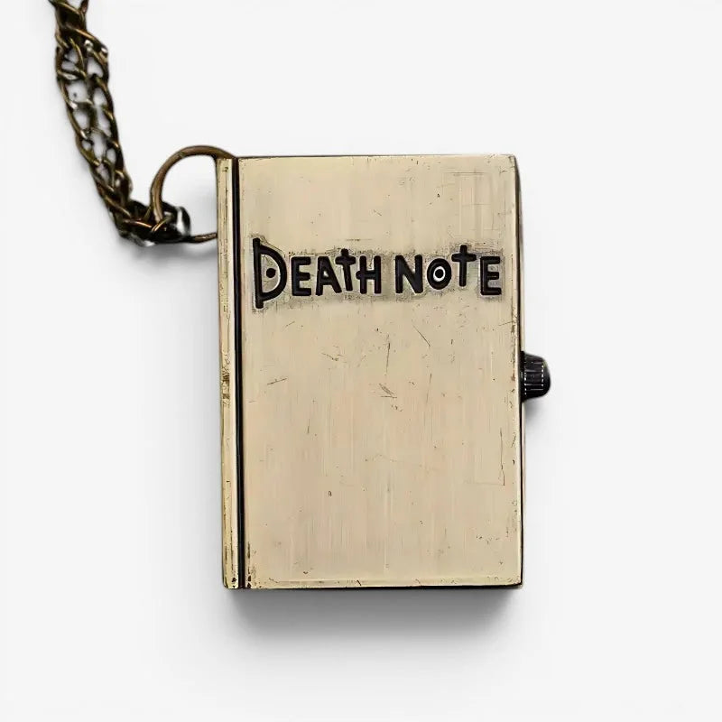 Antique brass-colored ryuk death note pocket watch locket necklace with embossed title and small black side knob