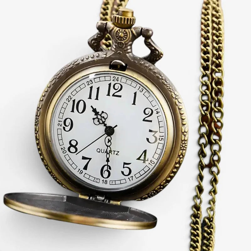 Ryuk death note pocket watch in antique brass finish with white dial black arabic numerals and ornate engraved case
