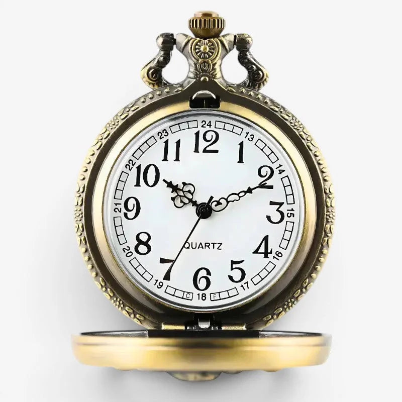 Santa Claus pocket watch with antique brass finish white dial black arabic numerals and ornate engraved casing