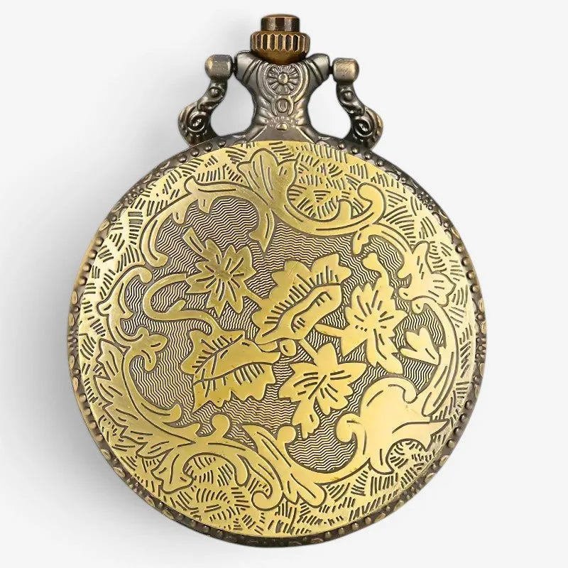 Antique-style brass santa claus pocket watch with intricate floral engravings and ornate decorative clasp
