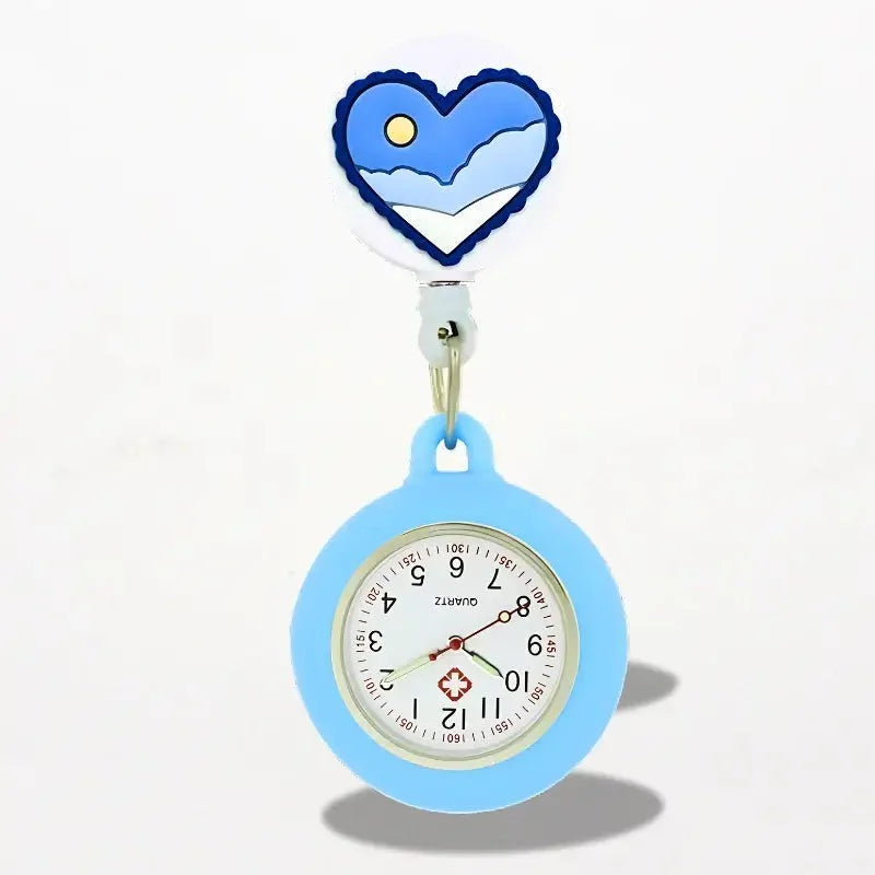 Light blue silicone nurse watch with silicone coating and heart-shaped clip featuring scenic landscape design