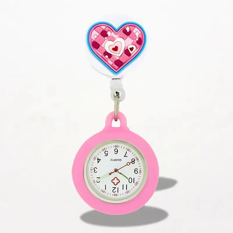 Pink silicone nurse watch with heart-shaped retractable clip featuring pink and red mosaic hearts