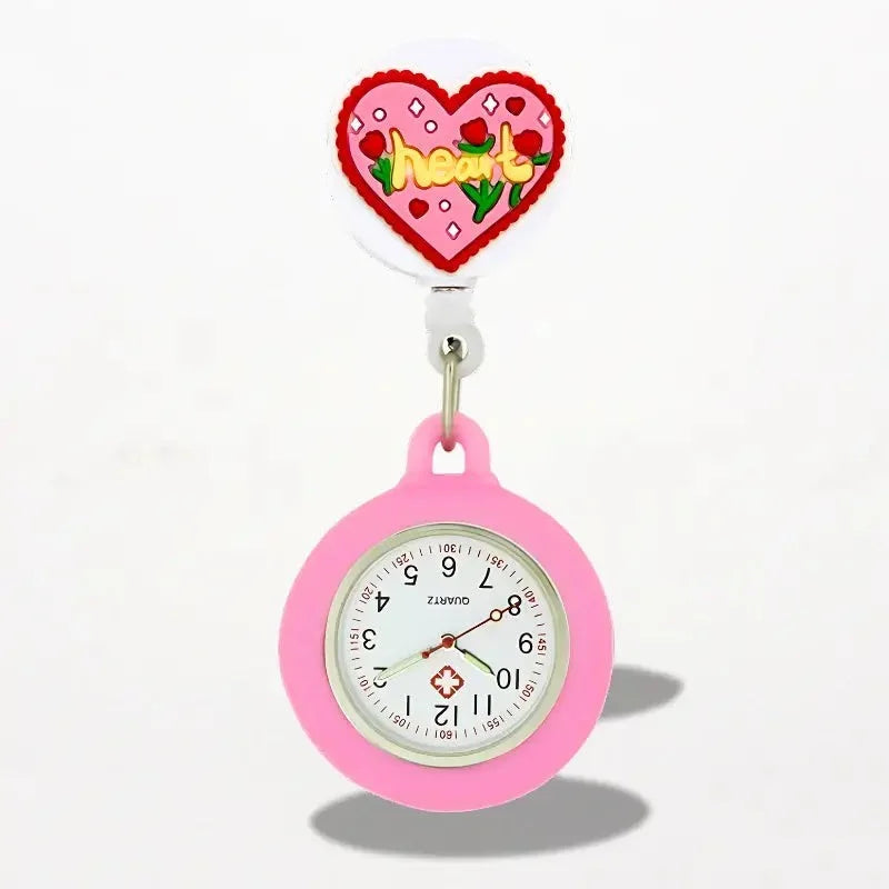 Pink silicone-framed quartz nurse watch with heart-shaped clip decorated with red roses and yellow heart lettering