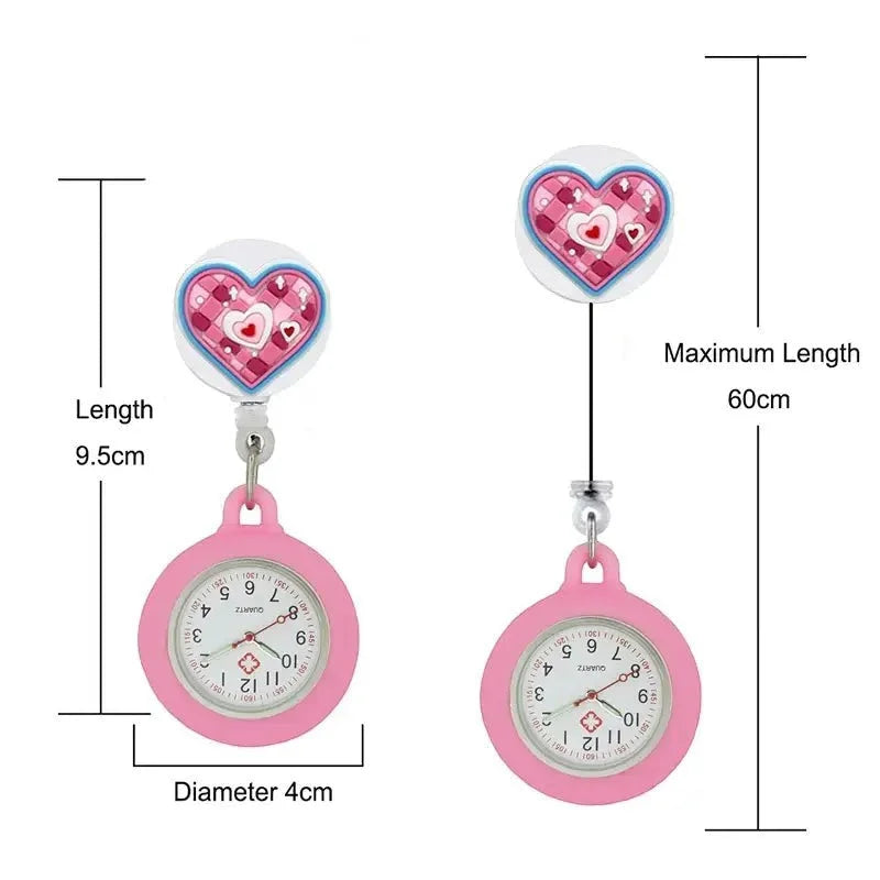 Pink silicone nurse watch with heart-shaped retractable badge holder and white dial circular face