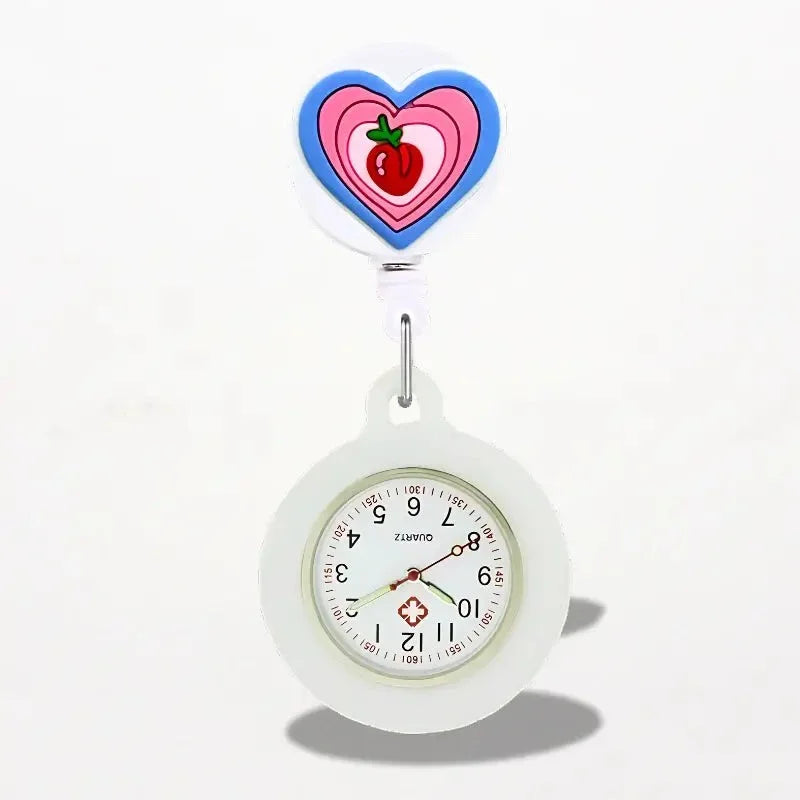 White silicone nurse watch with heart-shaped clip featuring strawberry design and red cross on the face