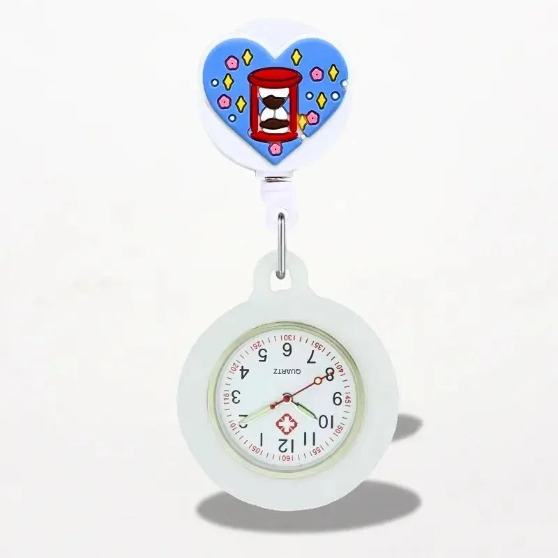 Silicone nurse watch with white pocket watch, heart-shaped clip, red hourglass design on blue background with pink and yellow patterns