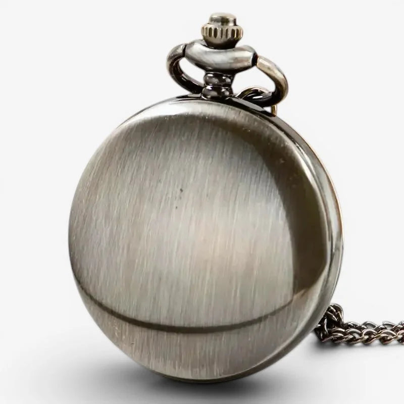 Silver assassins creed pocket watch with antique-style silver tone brushed metal finish and attached chain