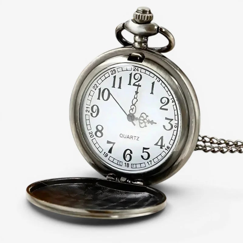 Antique silver toned silver assassins creed pocket watch with white face black numerals hands and attached chain