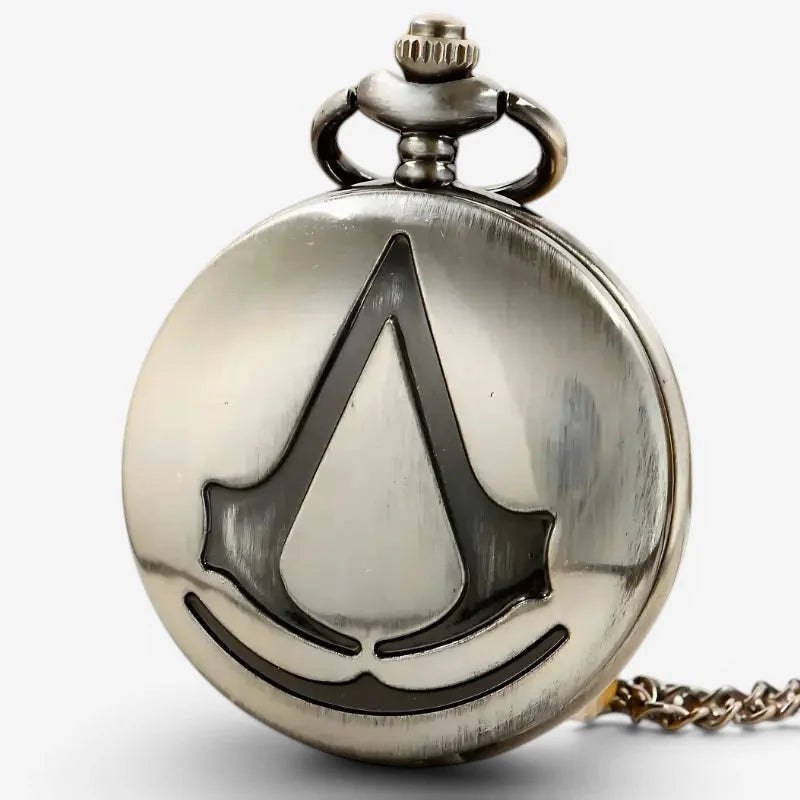 Silver assassins creed pocket watch with silver-toned brushed metal finish and embossed iconic logo on circular face