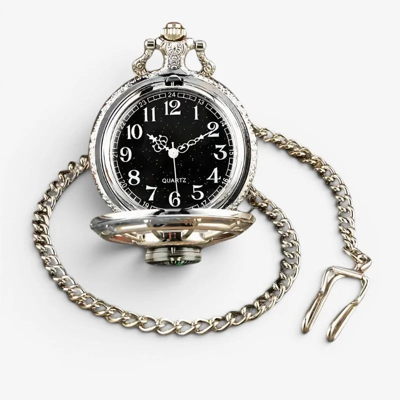 Silver compass pocket watch with silver-toned metal frame black dial and white numerals and hands