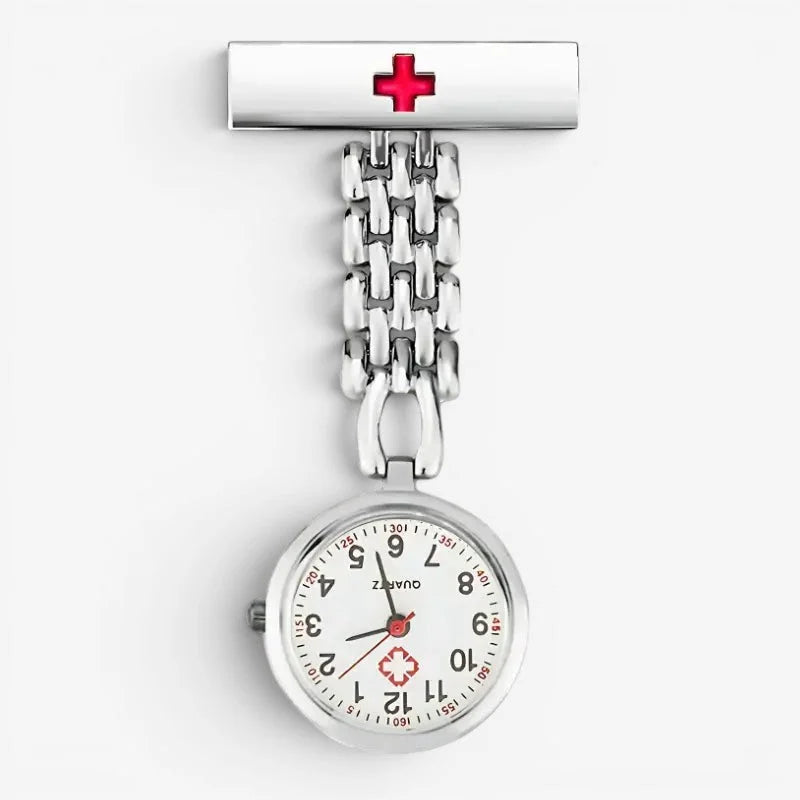 Silver cross nurse watch with a silver pin, red cross emblem, and red accents on the dial for medical professionals