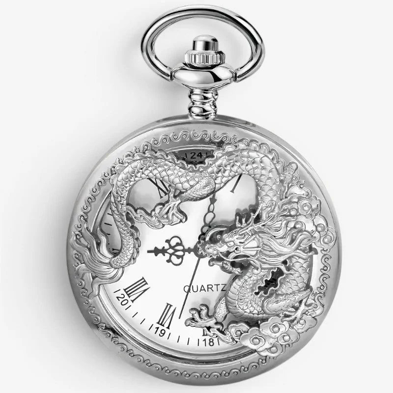 Silver dragon pocket watch with intricately engraved dragon design, roman numerals, and quartz movement