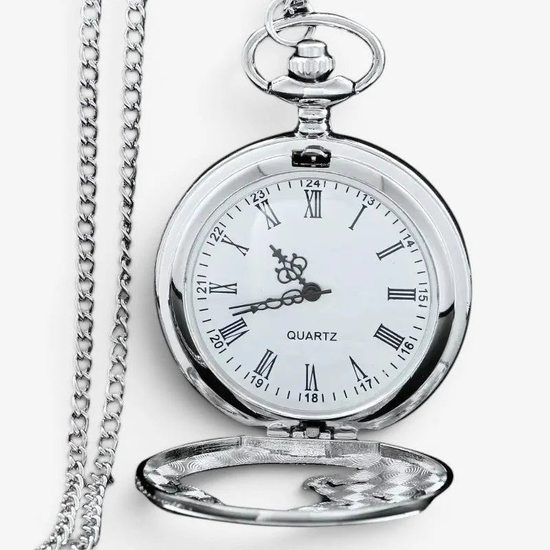 Silver dragon pocket watch silver-toned with white face roman numerals and chain for wearing