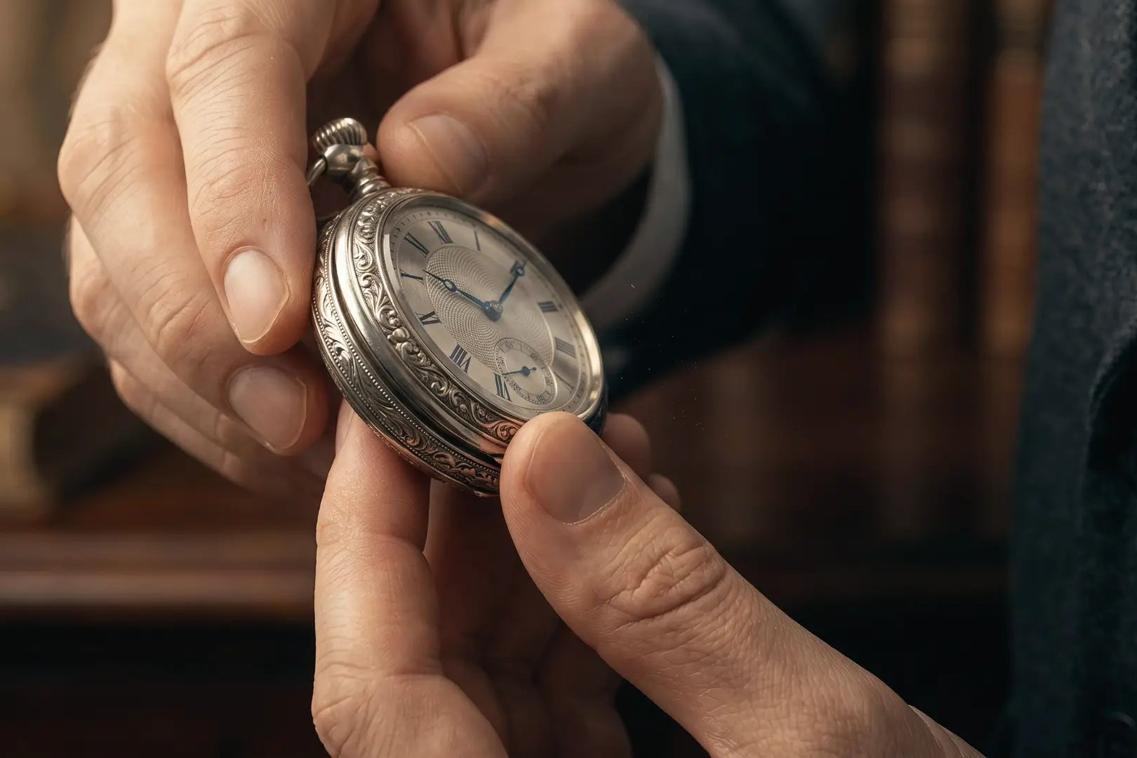 Close-up of a man's hands holding an ornate silver pocket watch featuring a textured dial, blue hands, and classic Roman numerals. Image
