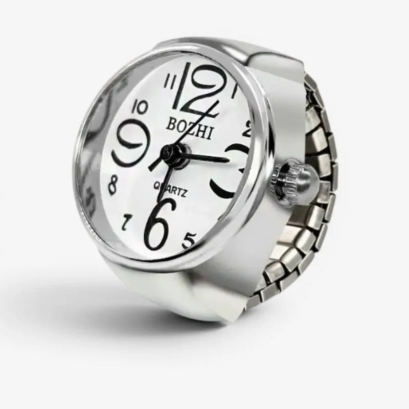 Silver finger ring watch by bozhi with silver-toned quartz, white dial, black arabic numerals, and flexible metal band