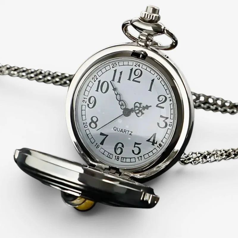 Silver hourglass pocket watch with silver-toned case white dial black arabic numerals quartz movement and chain
