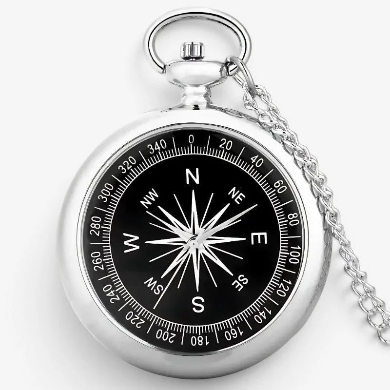 Silver open compass pocket watch with silver-toned casing black face and white directional markers and degree markings