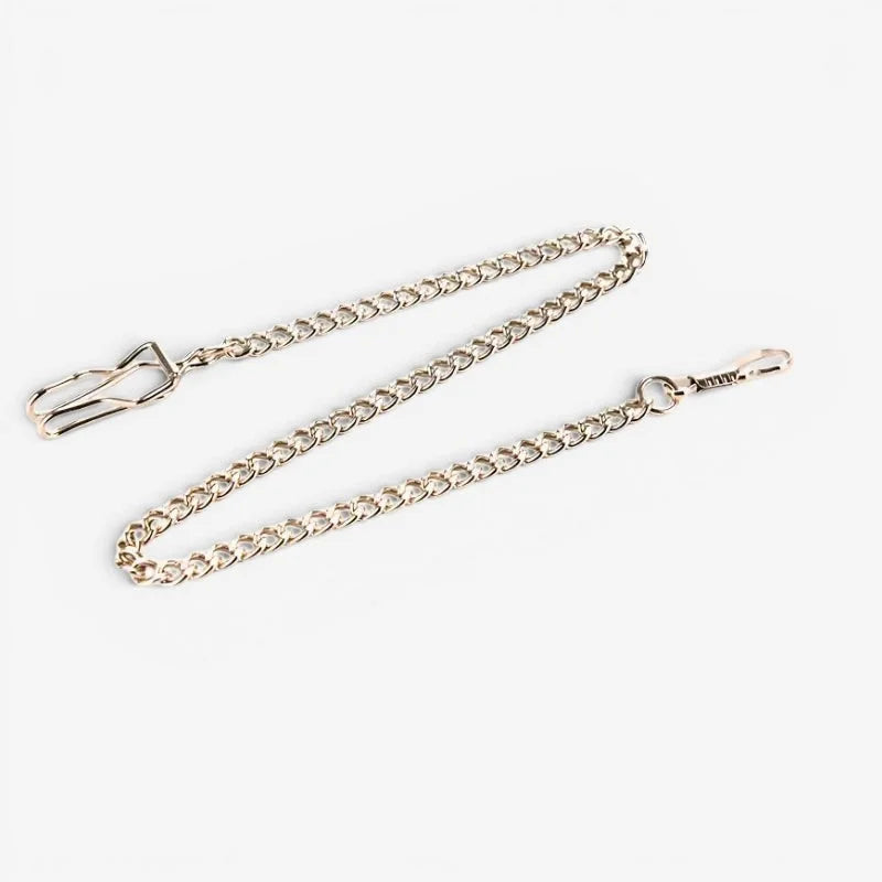 Silver pocket watch chain in silver-toned metal with classic oval links and two clasps including an open hook attachment