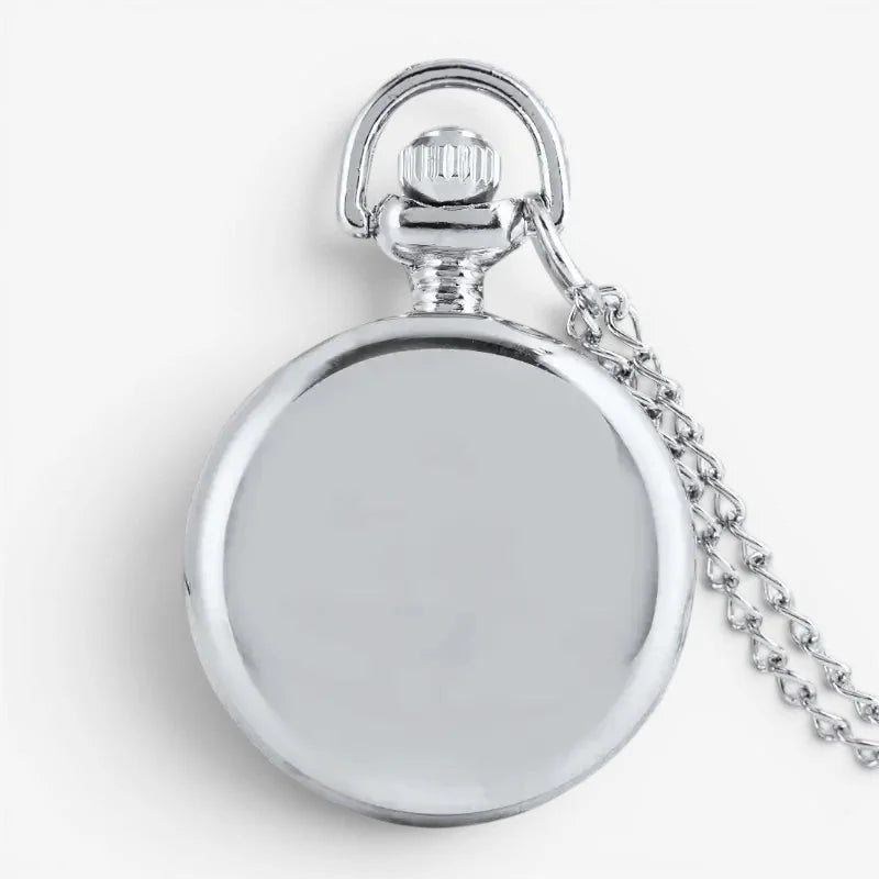 Silver pocket watch necklace with a polished silver-toned metallic finish and an attached chain for stylish wear