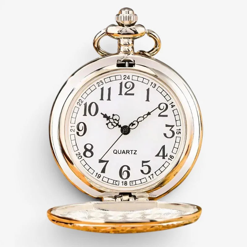 Silver quartz pocket watch with gold-toned case white face black arabic numerals and quartz label