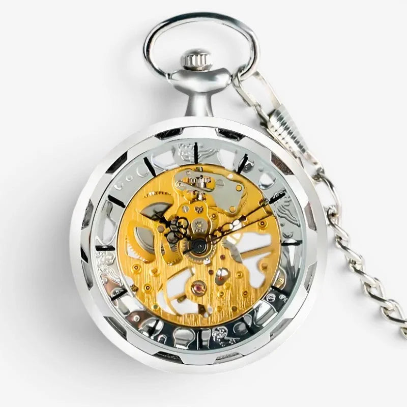 Silver skeleton pocket watch with visible golden gear mechanism and black hour markers in a classic design