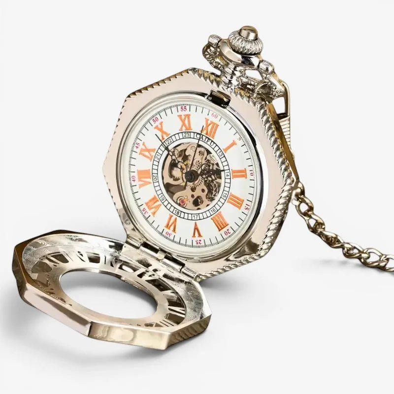 Silver steampunk pocket watch with octagonal case roman numeral dial exposed gears and decorative chain