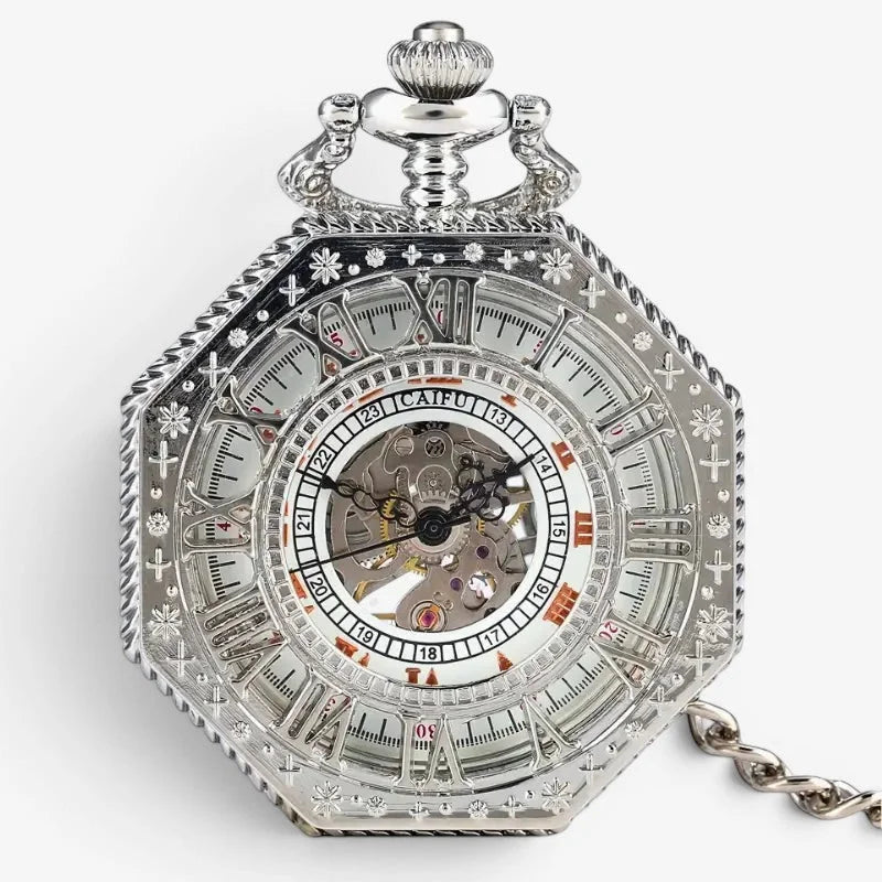 Silver steampunk pocket watch with octagonal shape, intricate floral engraving, roman numerals, and visible mechanical movement