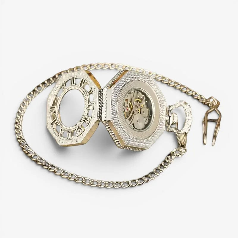 Silver steampunk octagonal pocket watch with roman numerals and exposed mechanical movement on matching chain