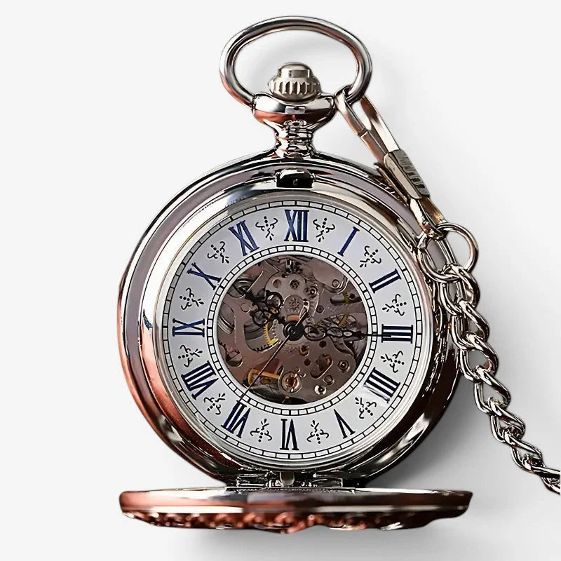 Silver sun pocket watch silver tone with roman numerals ornate chain and visible mechanical movement
