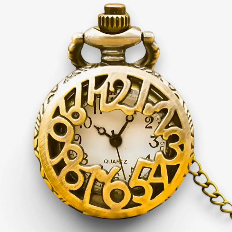 Small golden pocket watch with ornate 镂空数字 design and delicate chain for elegant timekeeping