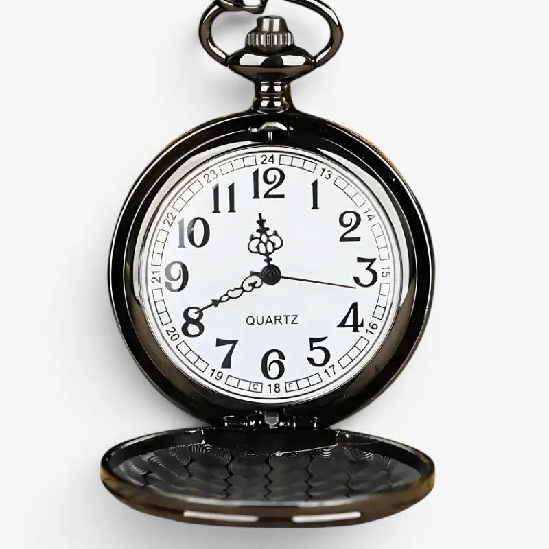 Black smooth quartz pocket watch with white face black numerals hands and ornate crown antique style design