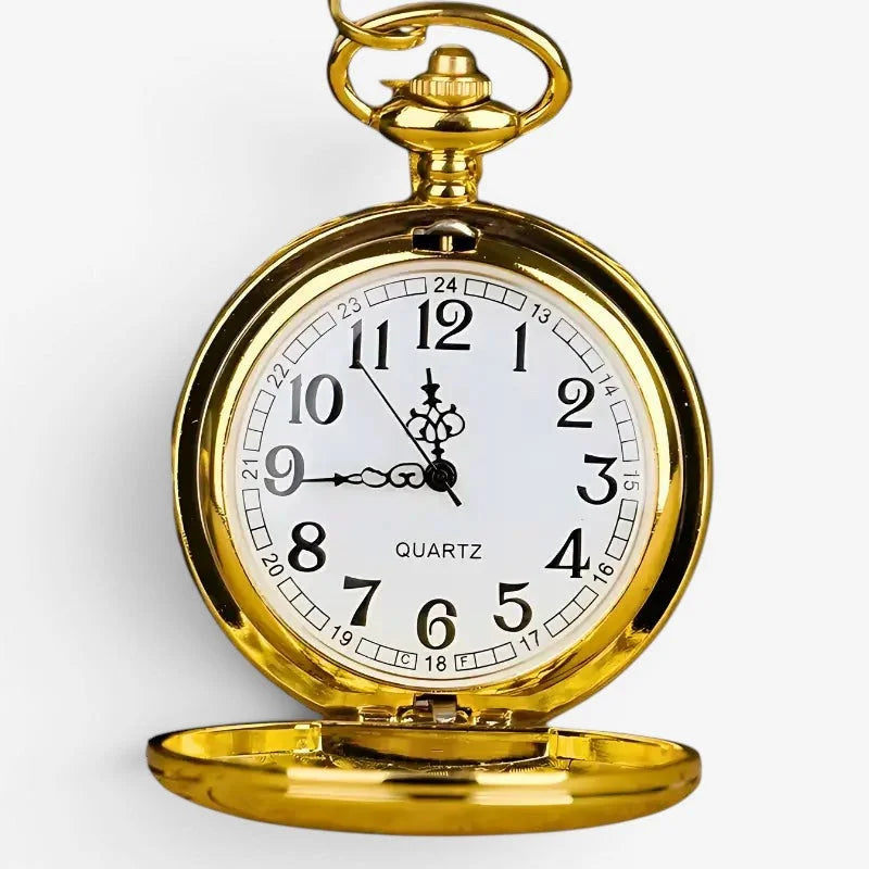 Smooth quartz pocket watch with a white face black numerals and hands and polished brass casing
