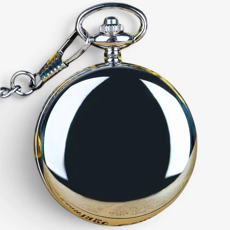 Shiny silver and gold-toned smooth quartz pocket watch with a polished reflective case and attached chain