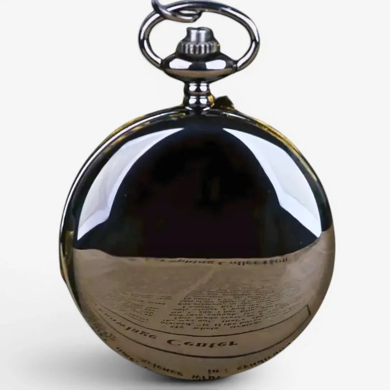 Shiny silver smooth quartz pocket watch with a polished reflective surface and ornate winding crown