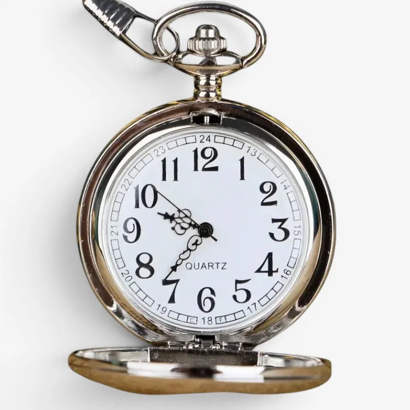 Silver-toned smooth quartz pocket watch with white face, black arabic numerals and hands, quartz movement label