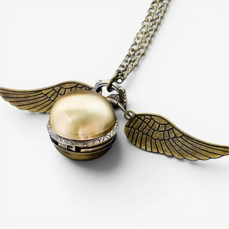 Antique brass snitch ball pocket watch necklace with winged locket and pearl-like spherical centerpiece