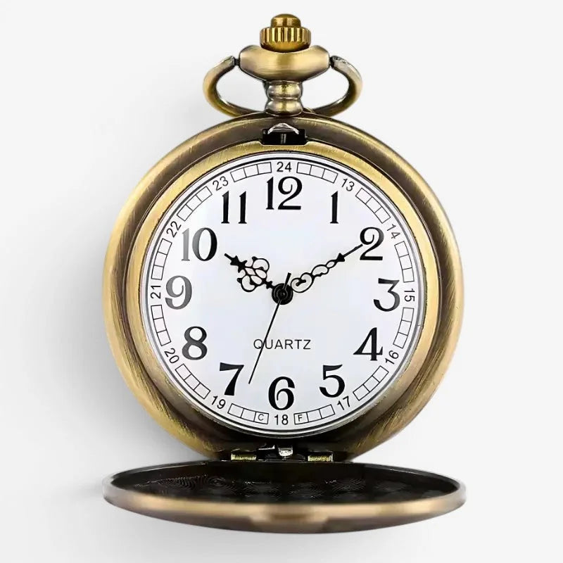 Antique brass-finished soccer ball pocket watch with white dial black arabic numerals and ornate hour markers
