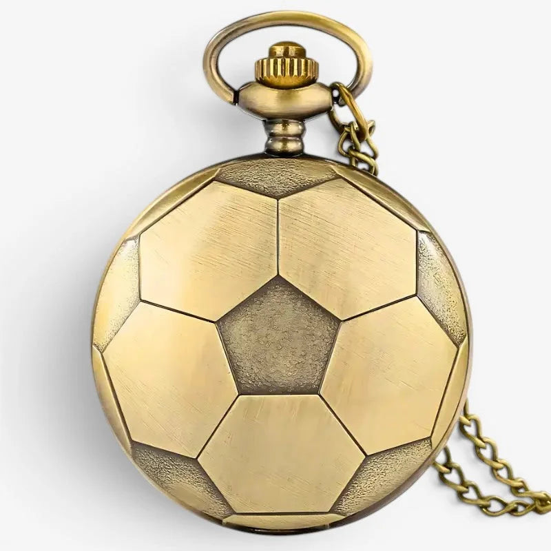 Antique brass soccer ball pocket watch with hexagonal and pentagonal panels showcasing unique design