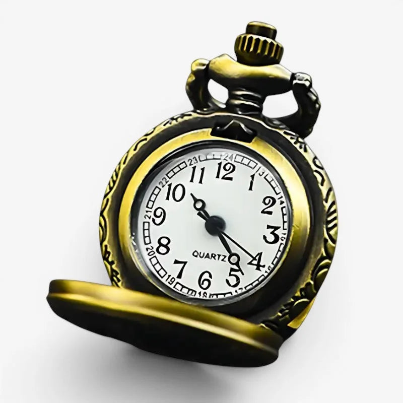 Antique-style brass spider web pocket watch with ornate detailing and white quartz face for classic timekeeping