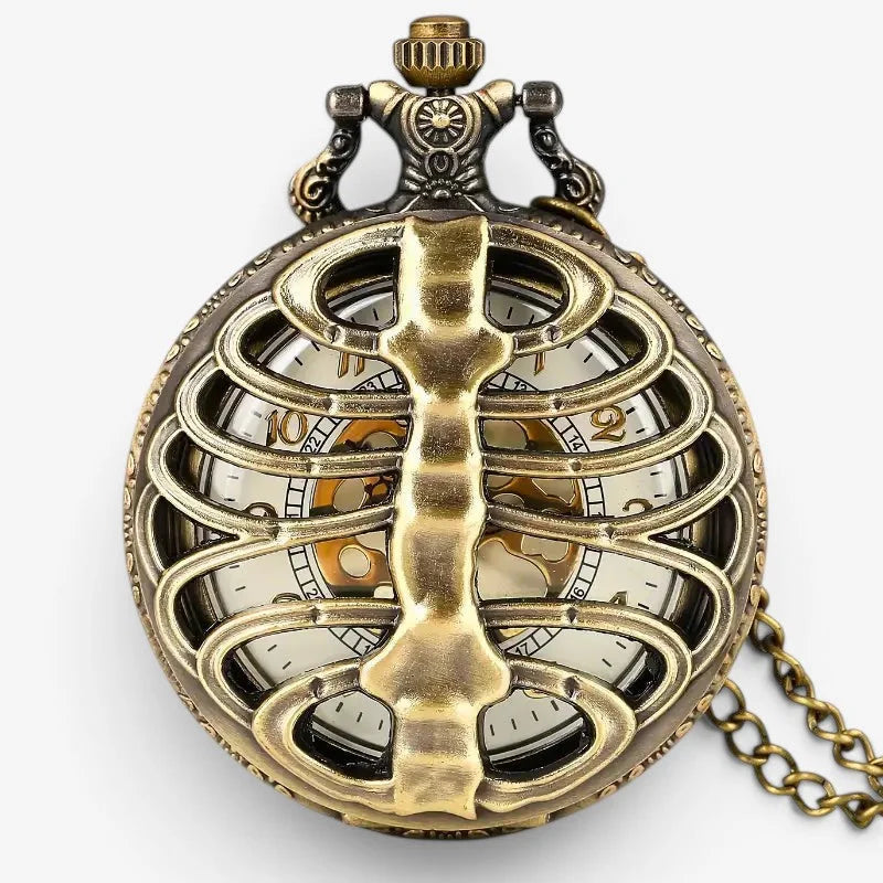 A brass spine pocket watch with a skeleton ribcage design, visible gears, ornate top cap, and attached chain