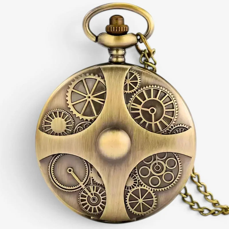 Antique brass-colored stainless steel pocket watch with intricate gearwork design and attached chain