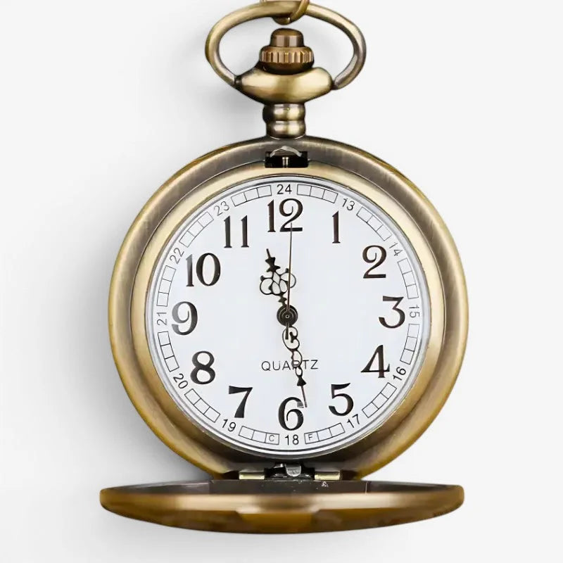 Stainless steel pocket watch with antique brass finish white face black arabic numerals and minute markers