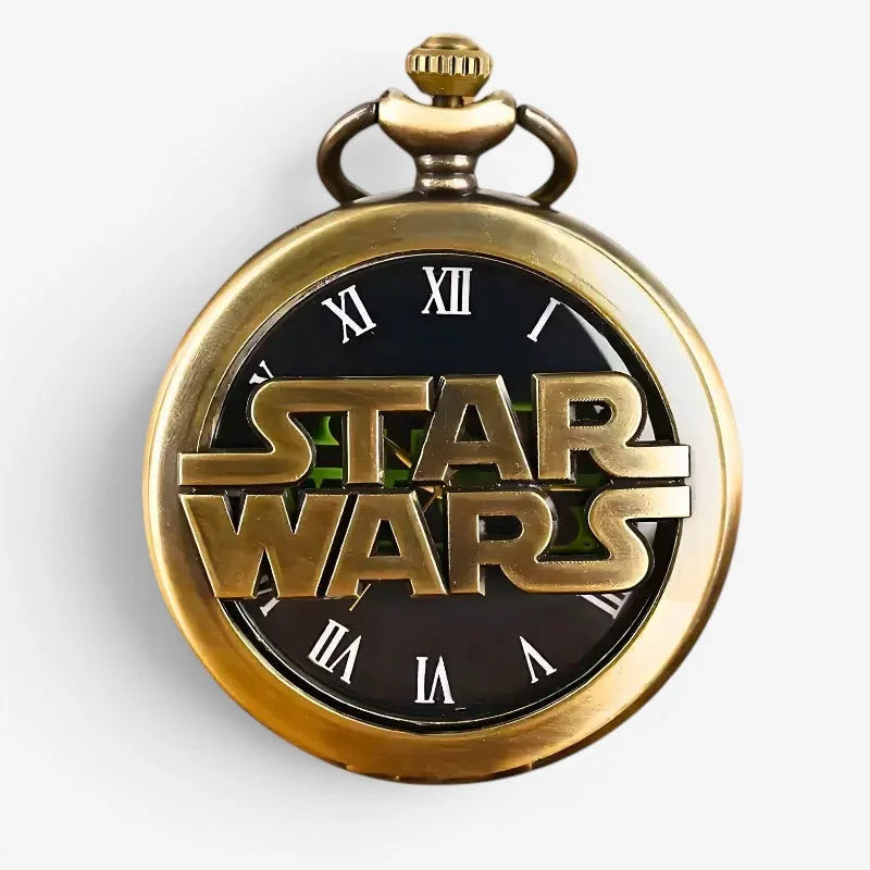 Gold-toned Star Wars pocket watch with a black face, white roman numerals, and a gold 3D Star Wars logo