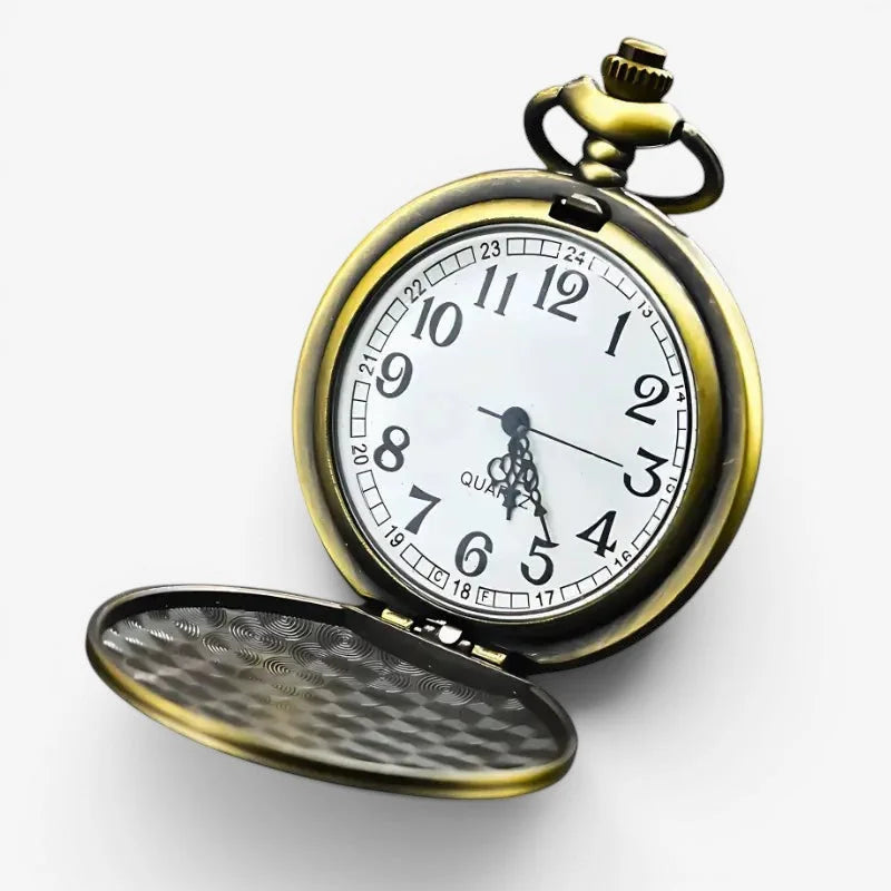 Antique brass-finished steampunk gear pocket watch with white face black arabic numerals and textured inner lid