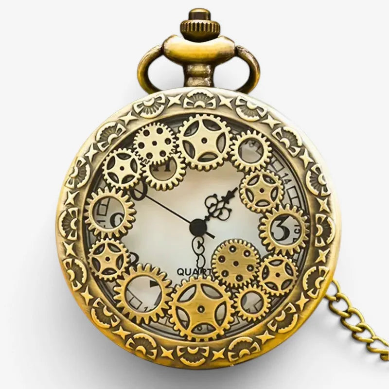 Antique brass steampunk gear pocket watch with intricate star motifs and black hands on a cream-colored dial