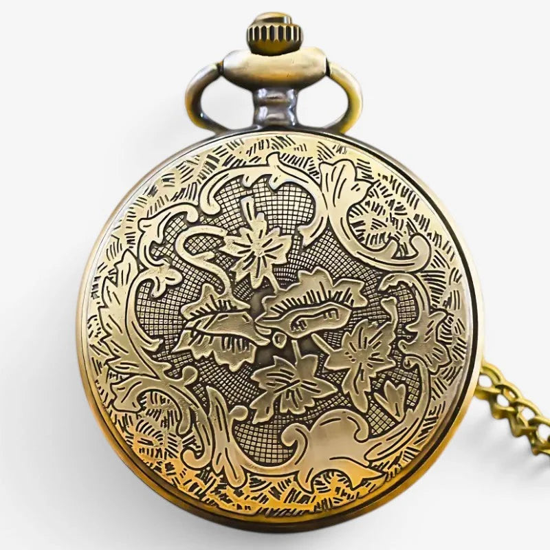 Steampunk gear antique brass pocket watch with intricate floral engravings and matching chain for vintage style