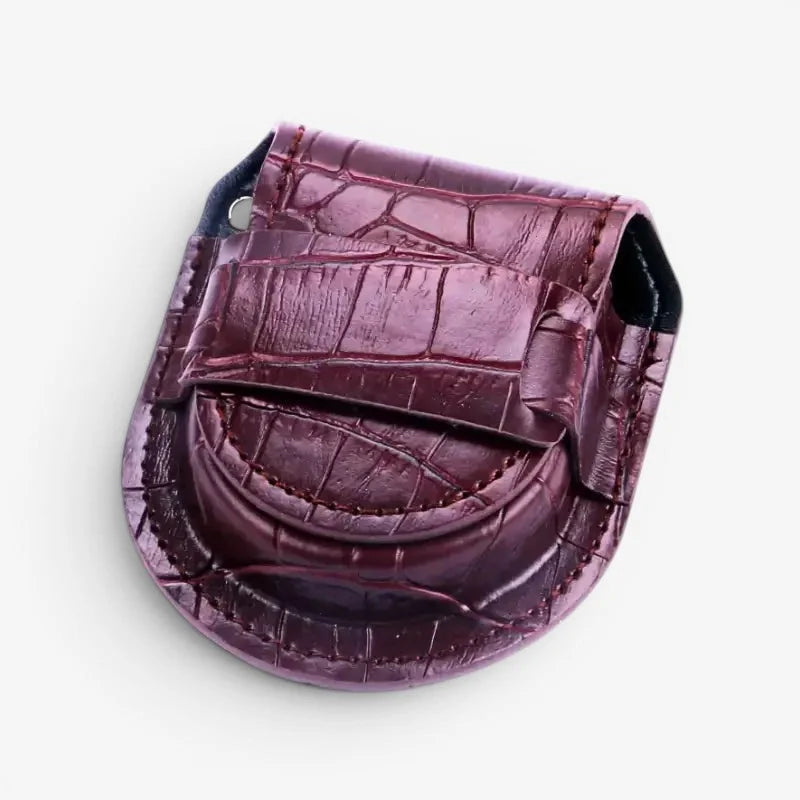 Steampunk pocket watch case in rich burgundy crocodile-embossed leather with flap closure and black interior lining